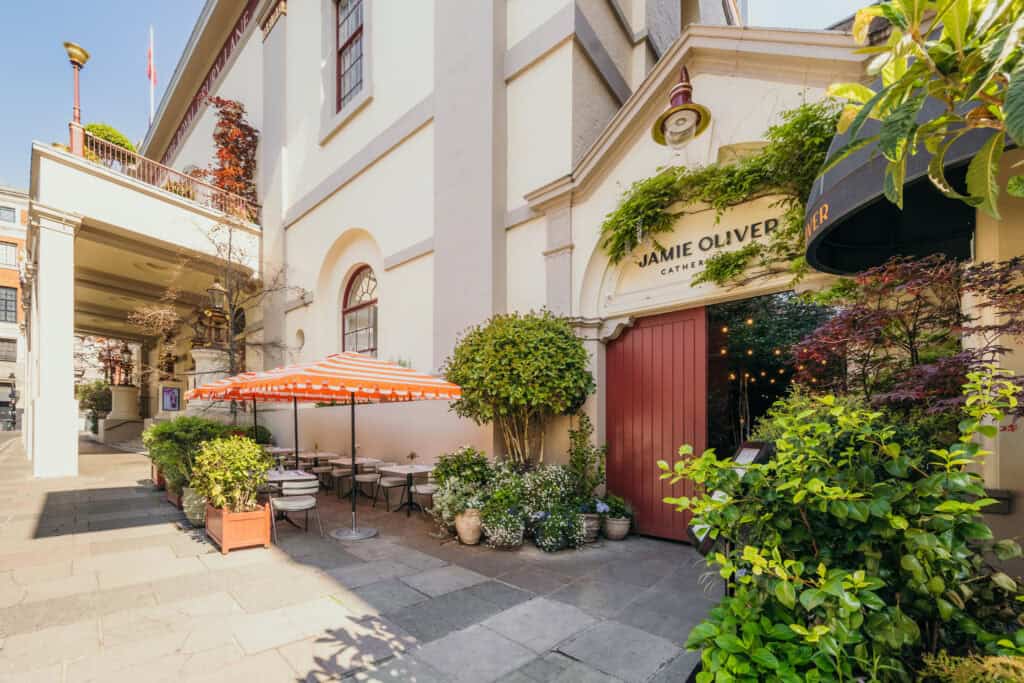 Exterior shot of Jamie Oliver Catherine St and its next door neighbour Theatre Drury Lane
